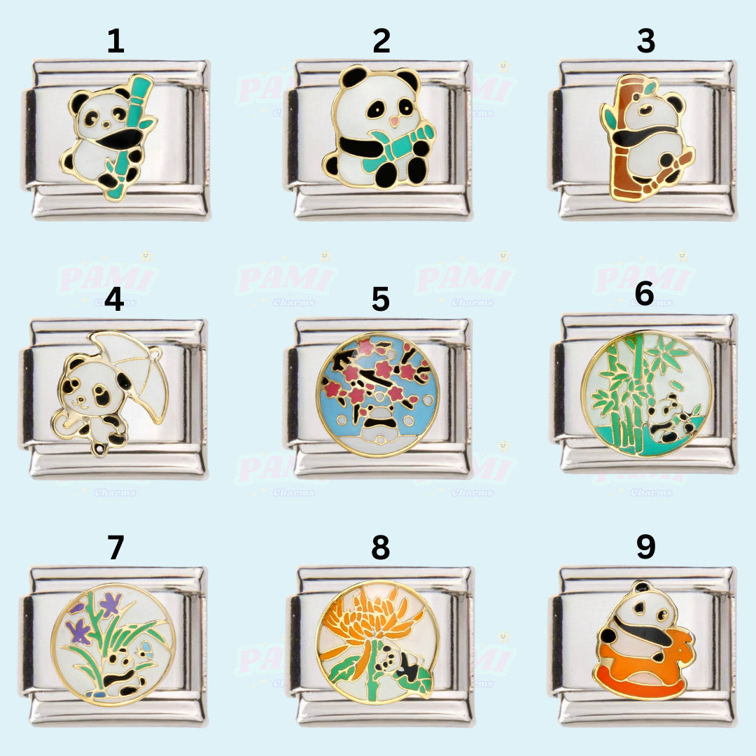 Set of nine Pami Charms Italian charms featuring various panda designs and floral motifs