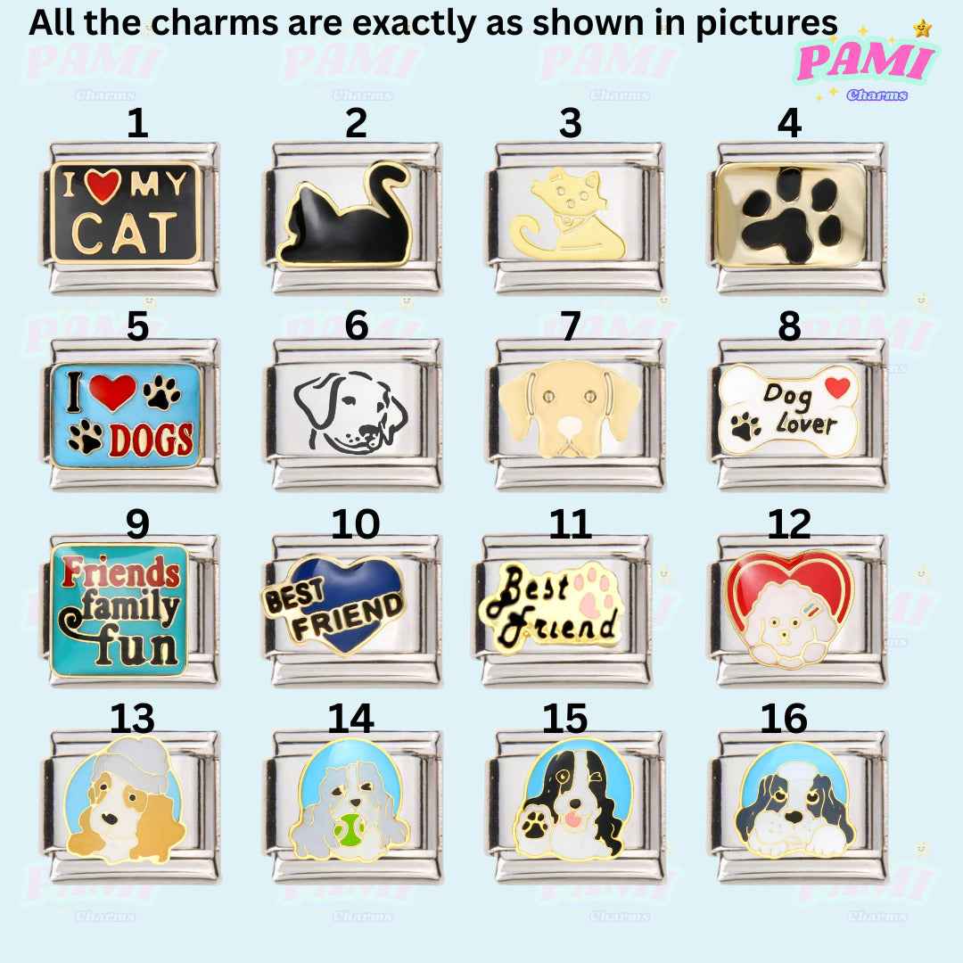 Pami Charms Italian charms featuring various cat and dog designs with friendship and love themes