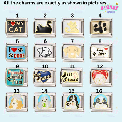 Pami Charms Italian charms featuring various cat and dog designs with friendship and love themes