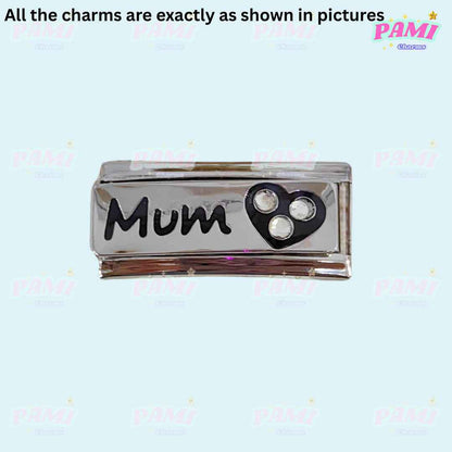 Pami Charms silver Italian charms with Mum text and heart design with three crystals