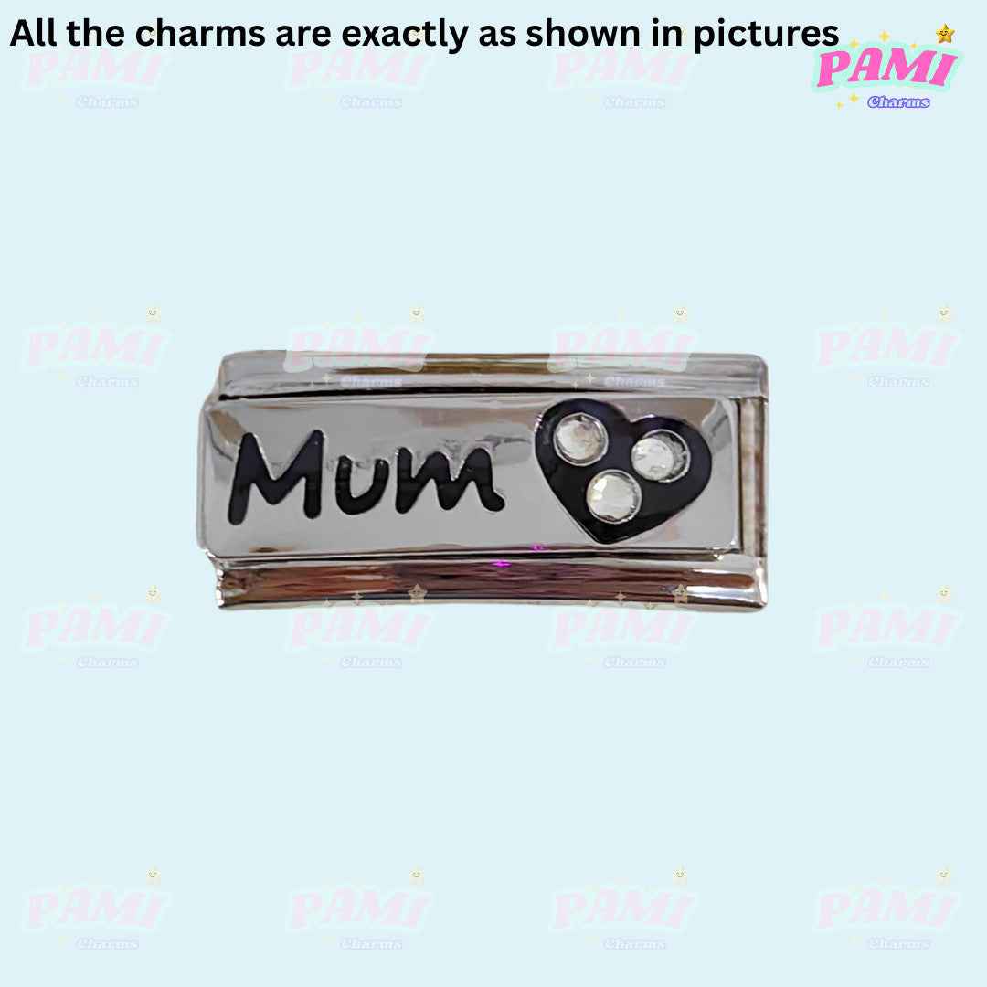 Pami Charms Italian charms silver Mum link charm with heart and stones detail
