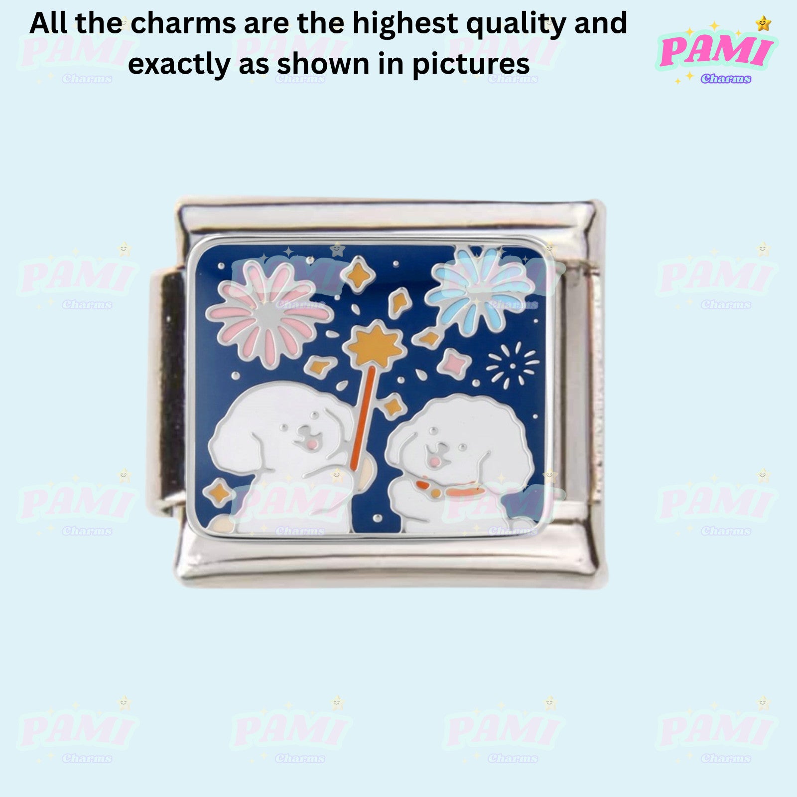 Pami Charms Italian Charms featuring two playful dogs with fireworks design on a blue background