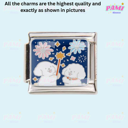 Pami Charms Italian Charms featuring two playful dogs with fireworks design on a blue background