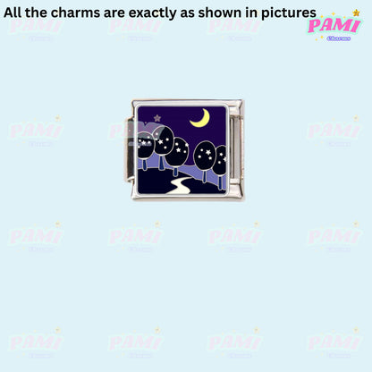 Pami Charms Italian charms featuring a night scene with crescent moon and starry sky on trees