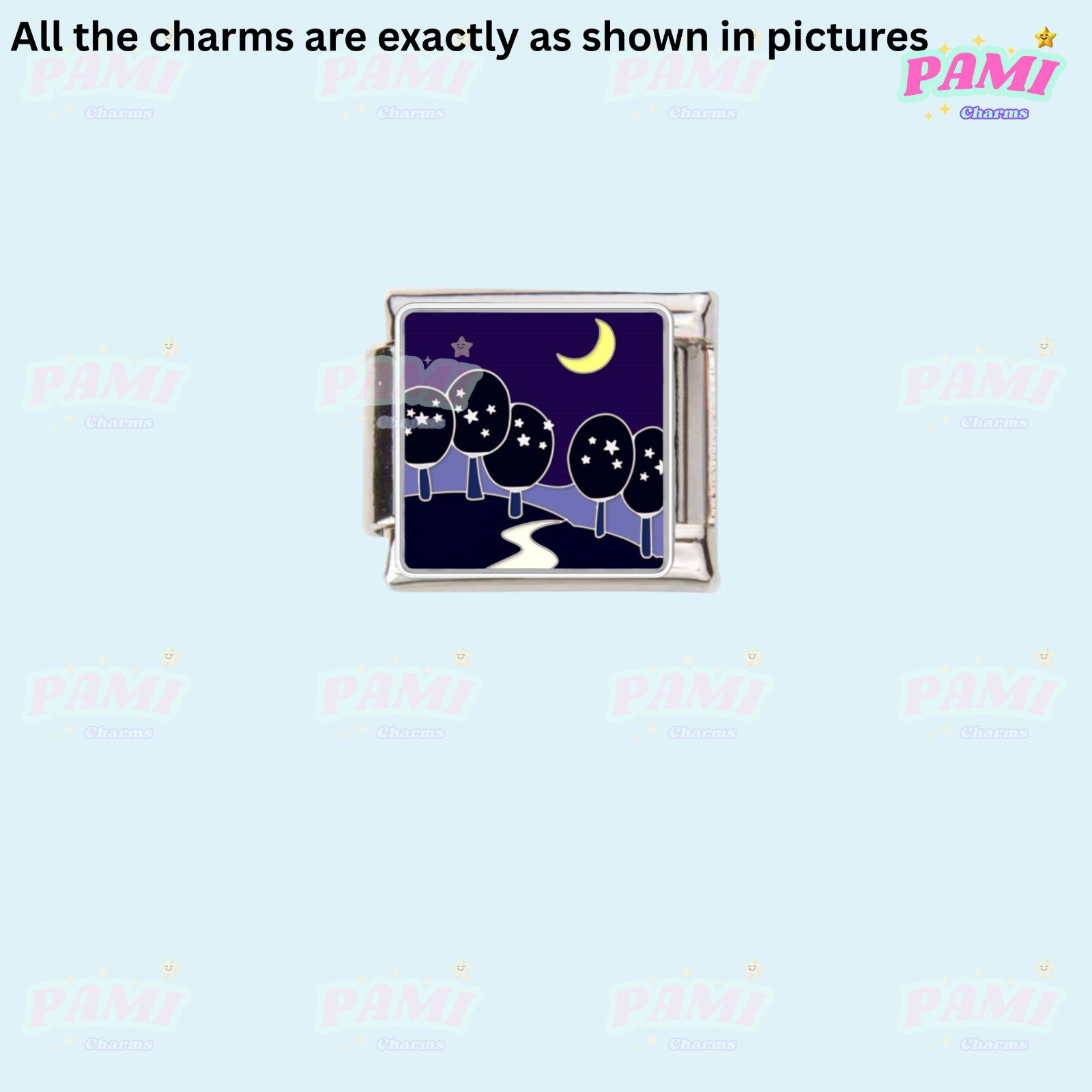 Square Italian charms featuring a night scene with moon and starry trees in dark blue and purple tones