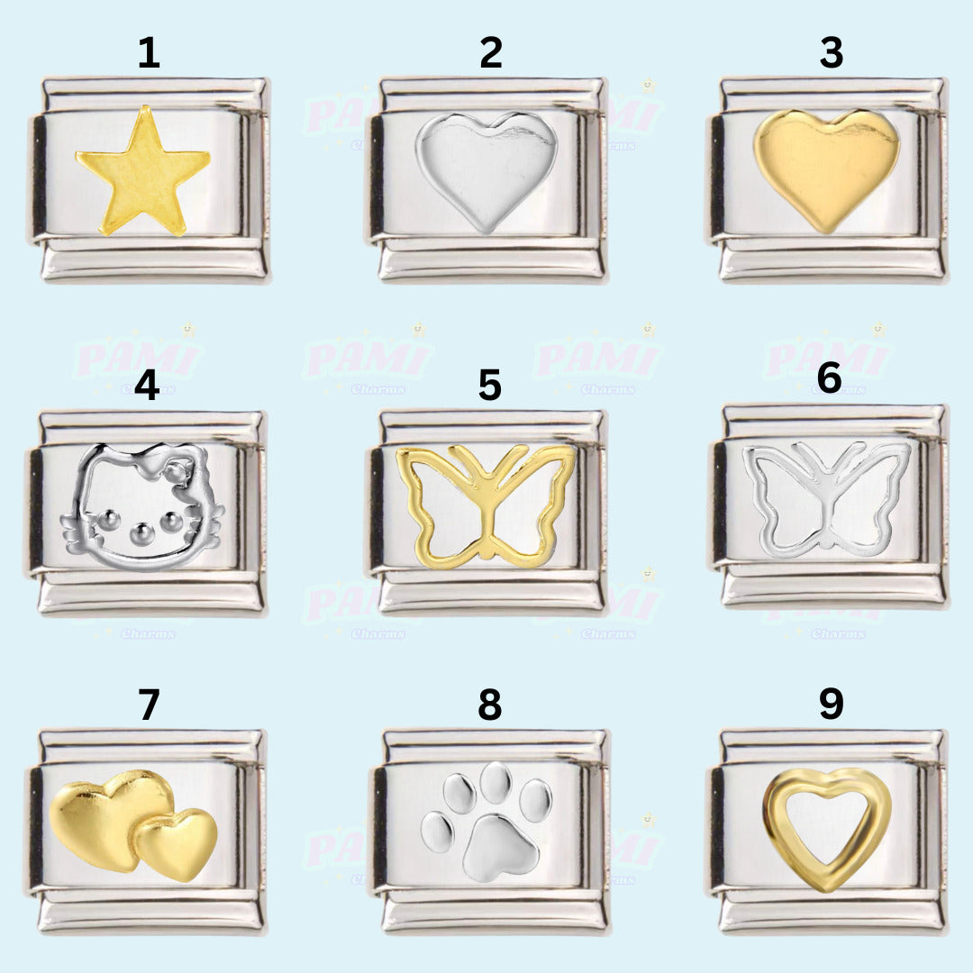 Pami Charms Italian charms collection featuring gold and silver star, hearts, cat, butterfly, and paw designs