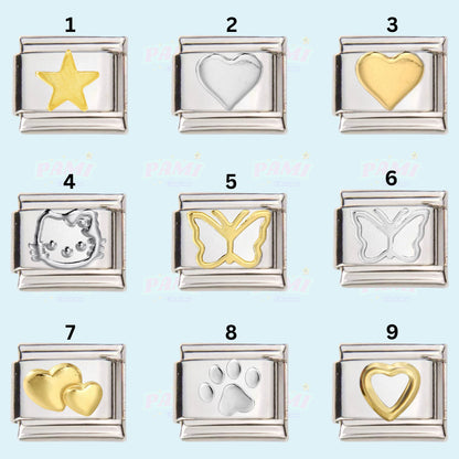 Pami Charms Italian charms collection featuring gold and silver star, hearts, cat, butterfly, and paw designs