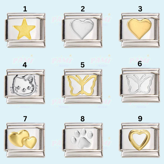Pami Charms Italian charms collection featuring gold and silver star, hearts, cat, butterfly, and paw designs