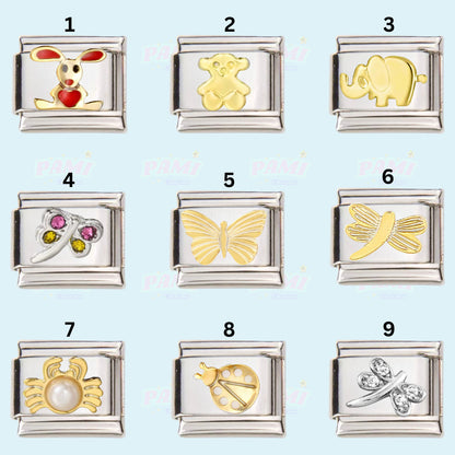Set of nine Pami Charms italian charms featuring animals and nature designs in gold and silver tones