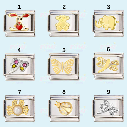 Set of nine Pami Charms italian charms featuring animals and nature designs in gold and silver tones