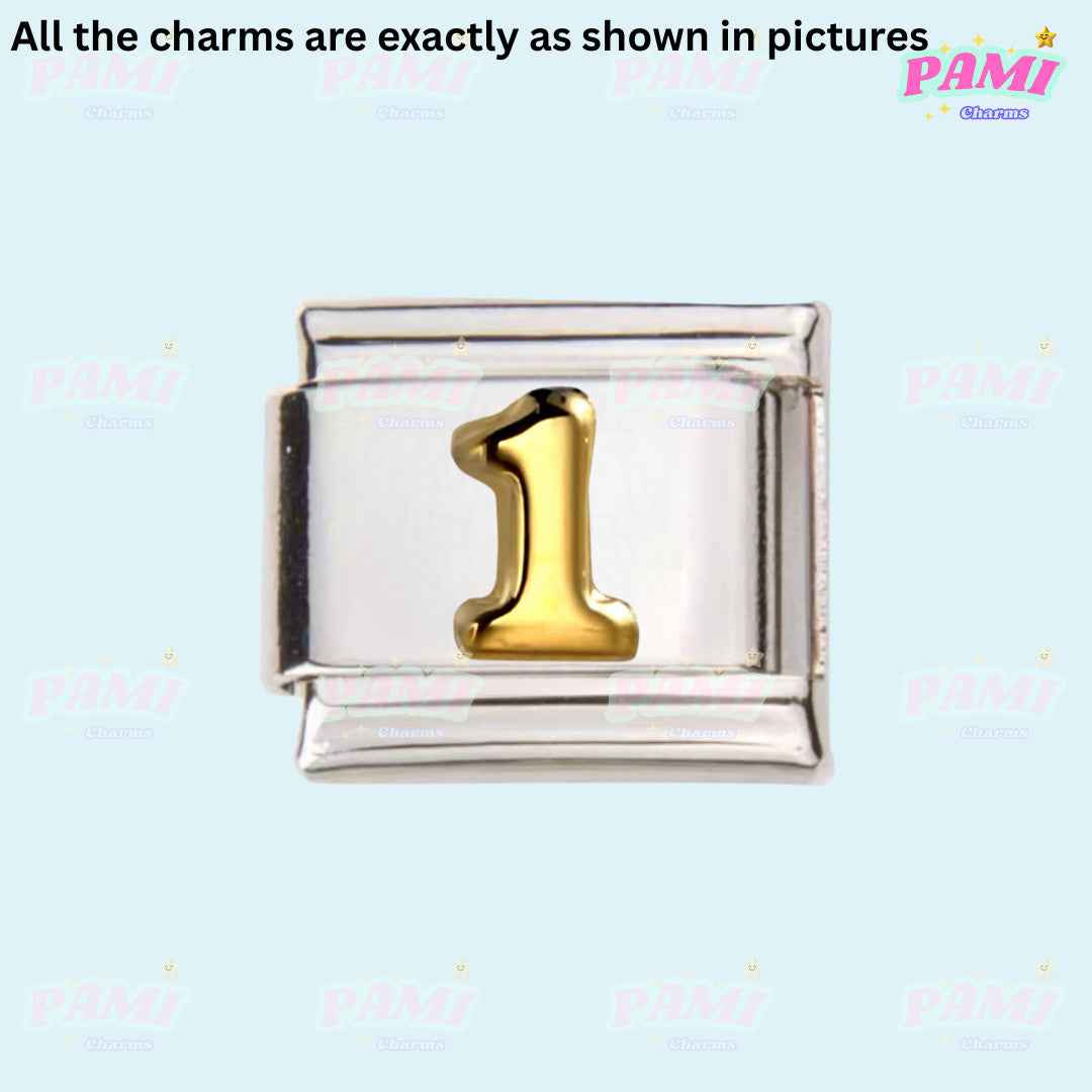 Pami Charms Italian charms silver link with gold number one detail