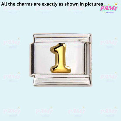 Pami Charms Italian charms silver link with gold number one detail