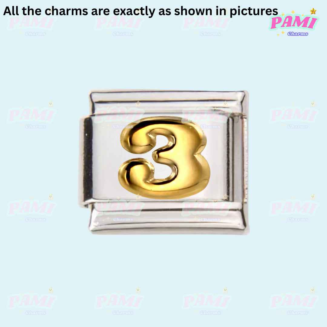 Silver and gold number 3 Italian charms by Pami Charms for customizable bracelets