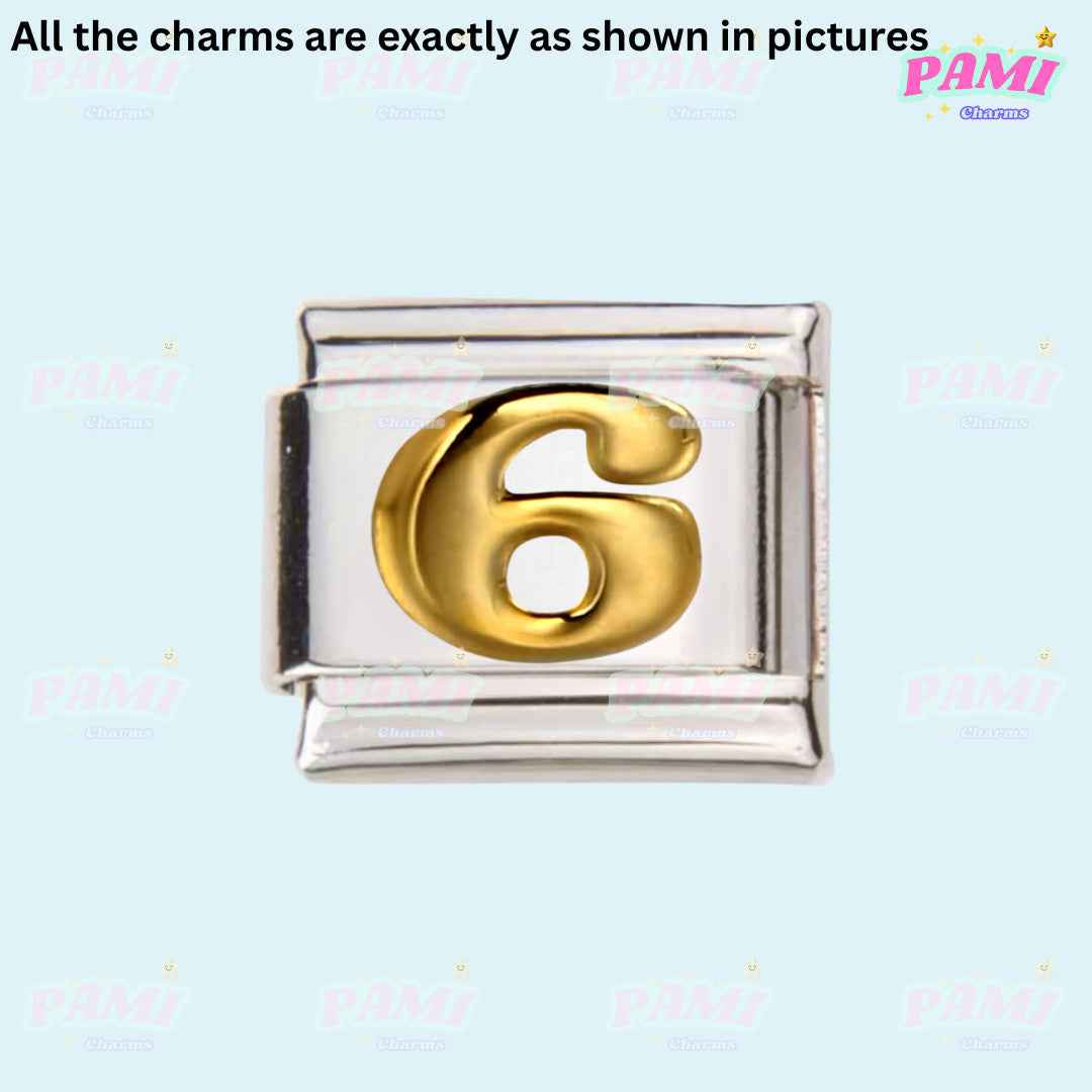 Pami Charms gold number 6 italian charms on silver base for charm bracelet