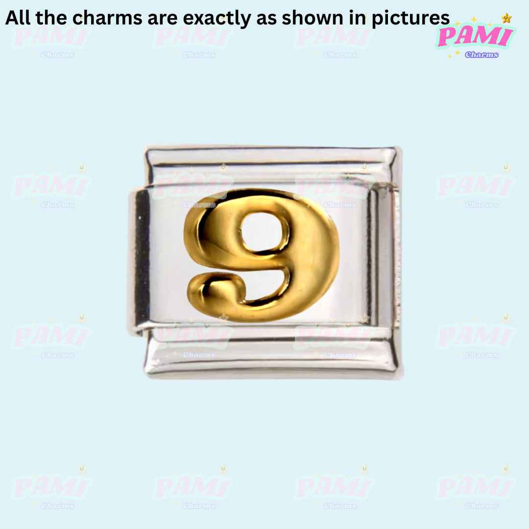 Pami Charms Italian charms number 9 gold tone on silver base bracelet link
