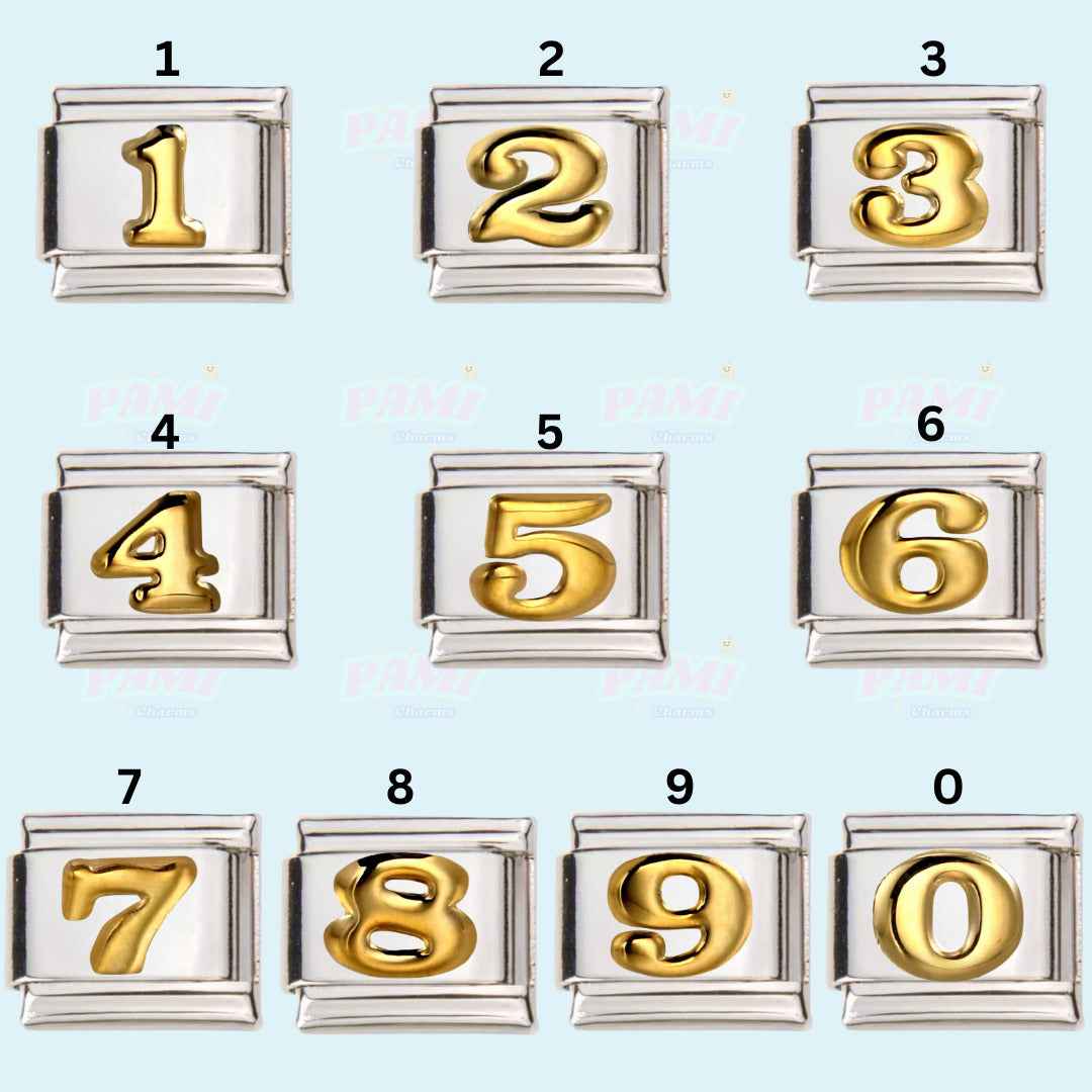 Pami Charms set of numbered Italian charms 0 to 9 in gold and silver finish for personalised bracelets