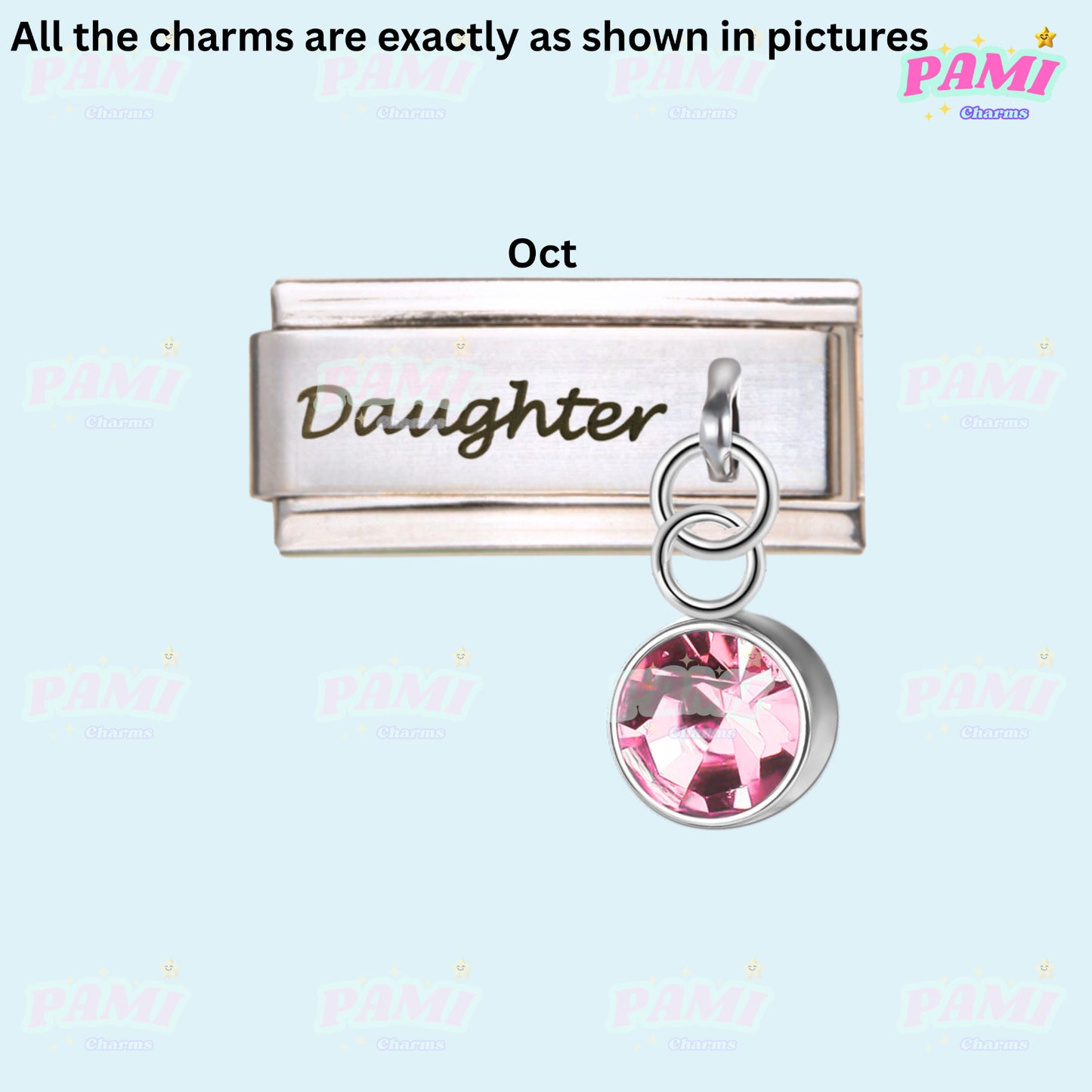 Pami Charms Italian charms silver Daughter tag with pink October birthstone charm