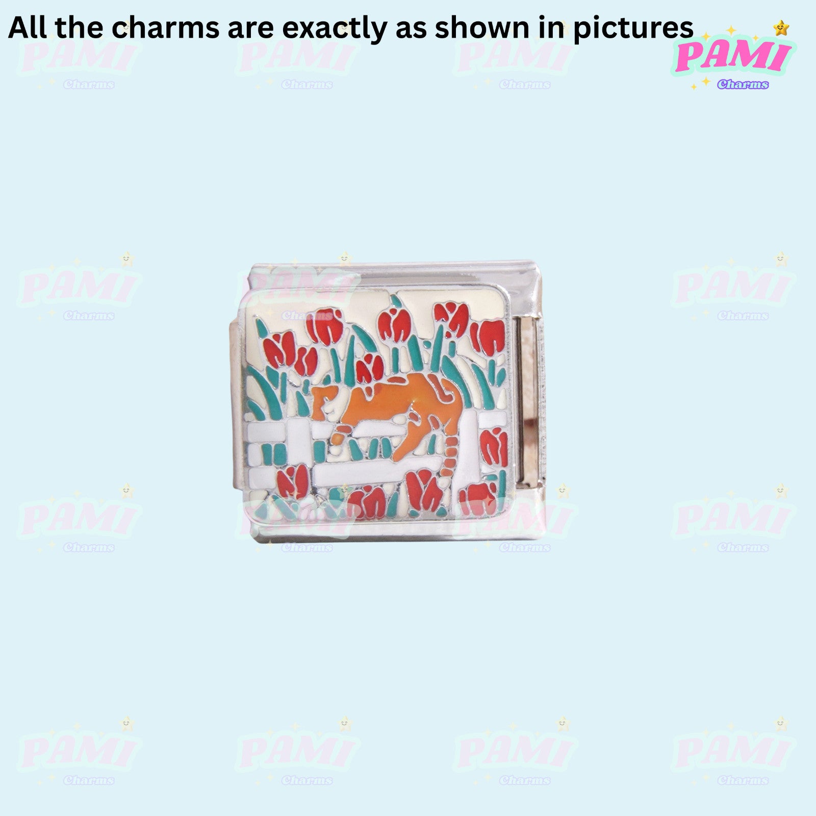 Pami Charms Italian charms with red tulip flowers and an orange cat design