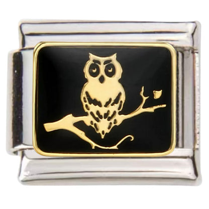 Pami Charms Italian charms with gold owl design on black background and silver frame charm link