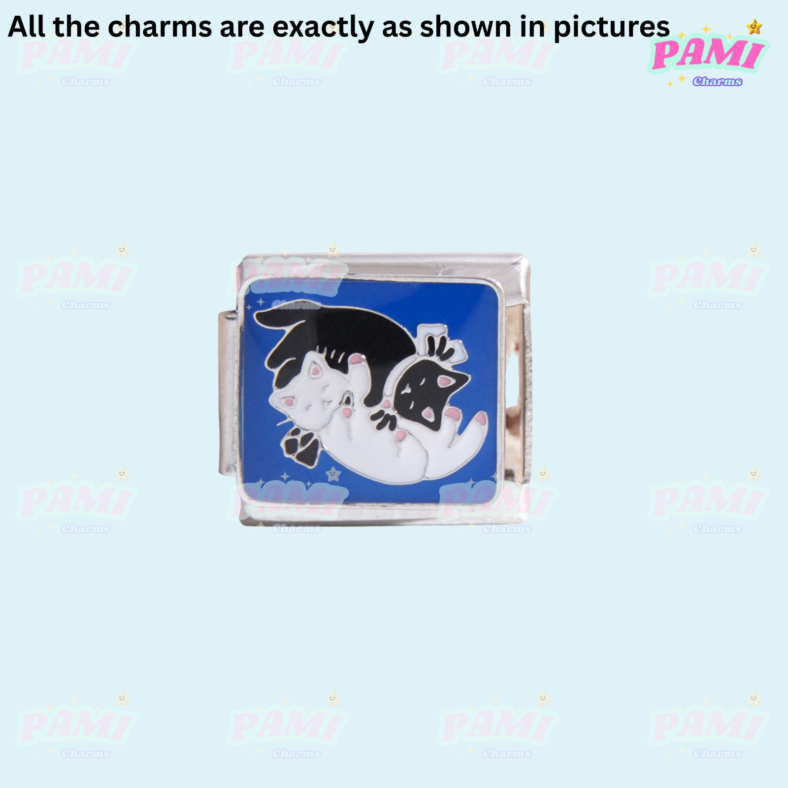 Pami Charms Italian charms link featuring two playful black and white cats on blue background