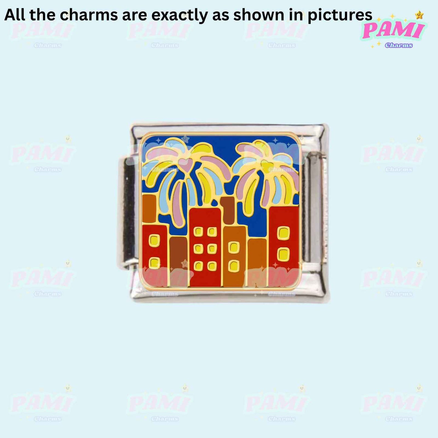 Pami Charms italian charms with colorful cityscape and fireworks design