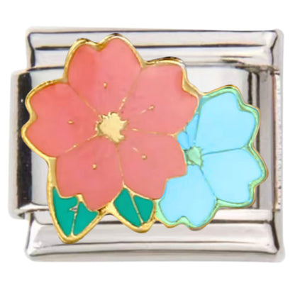 Pami Charms Italian charms featuring pink and blue enamel flower design with gold trim