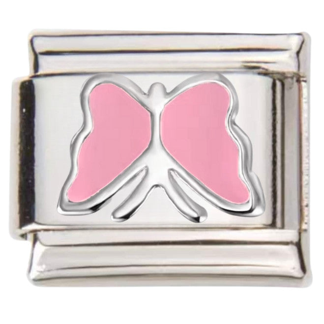Pami Charms silver Italian charm with a pink butterfly design on white background