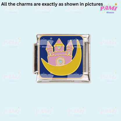 Pami Charms Italian charms featuring a pink castle and yellow crescent moon on a blue background
