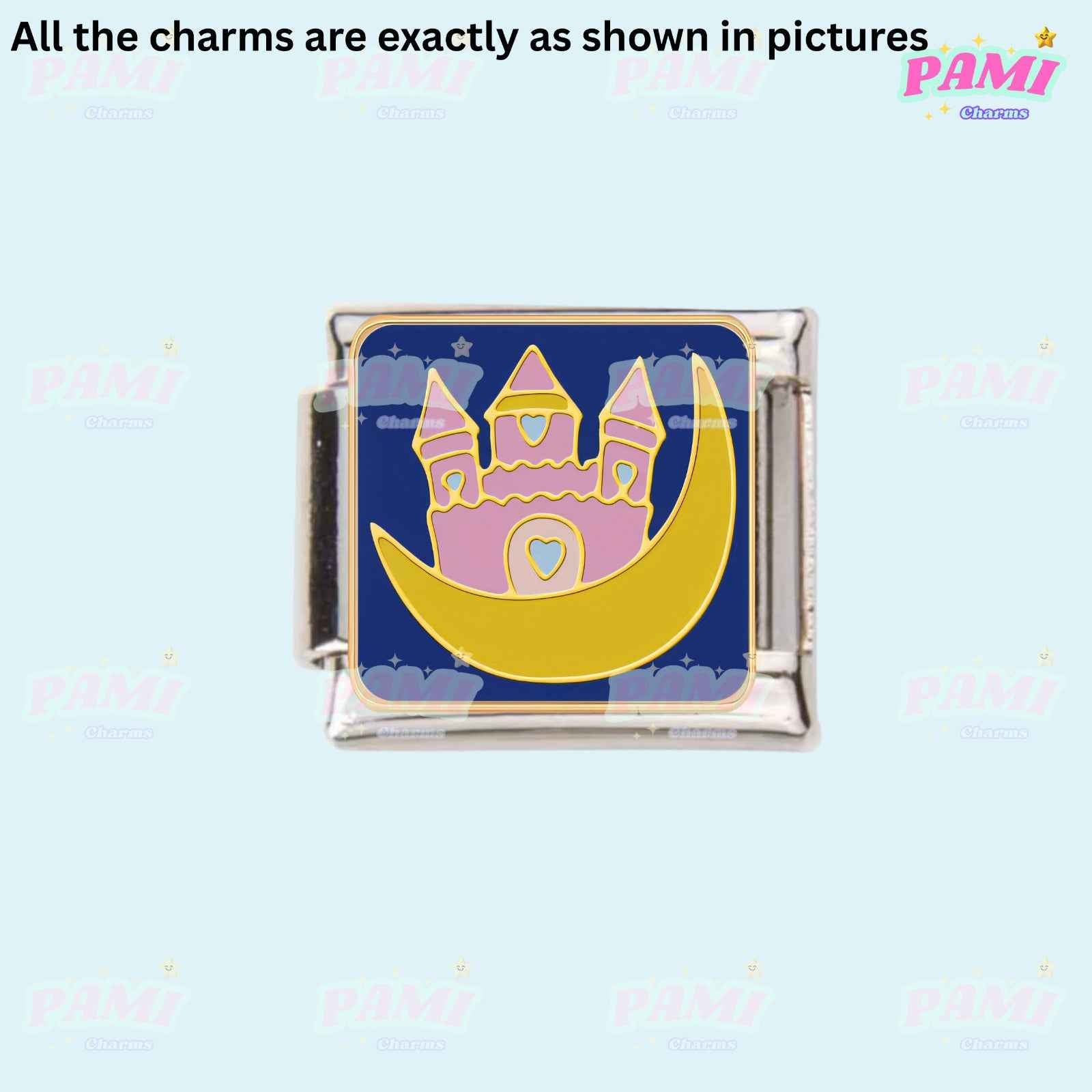 Pami Charms Italian charms featuring a pink castle and yellow crescent moon design