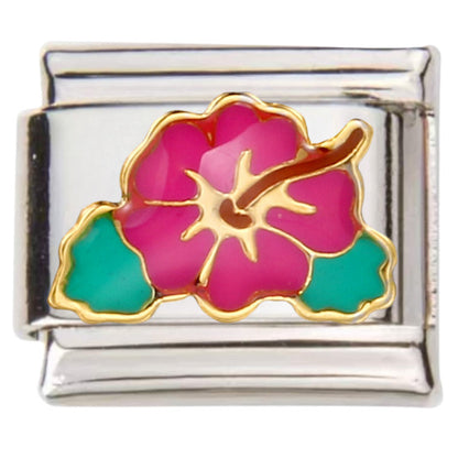 Pami Charms silver Italian charms with pink flower and green leaves enamel design