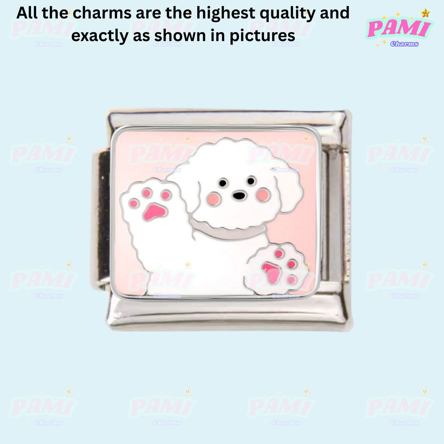Cute Italian Charms featuring a playful dog design with pink background and paw prints