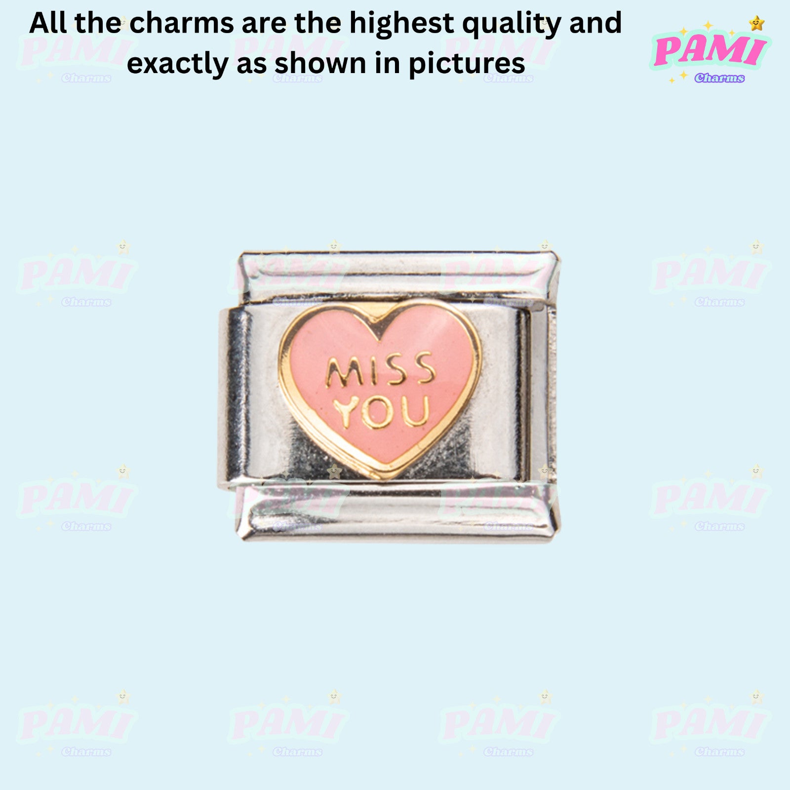Italian charms silver link with pink heart and miss you text by Pami Charms