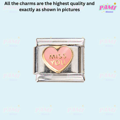 Italian charms silver link with pink heart and miss you text by Pami Charms