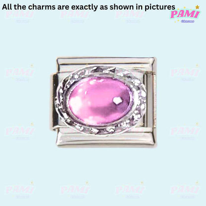 Pami Charms Italian charms with a silver base and oval pink gemstone centerpiece
