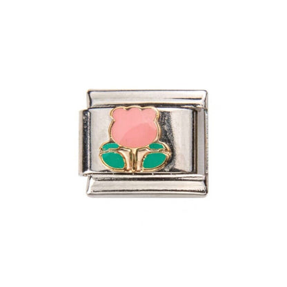 Pami Charms silver link charm featuring a pink flower enamel design Italian charms