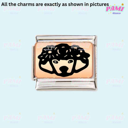 Pami Charms Italian charms featuring a stylish black poodle dog design on a silver and rose gold link