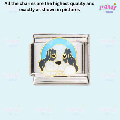 Pami Charms Italian charms featuring a silver charm with a cute dog face and blue background