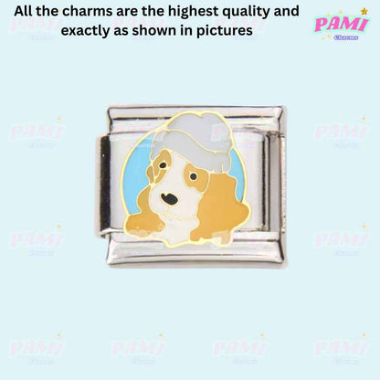 Pami Charms Italian charms featuring a cute dog wearing a blue cap on a silver base