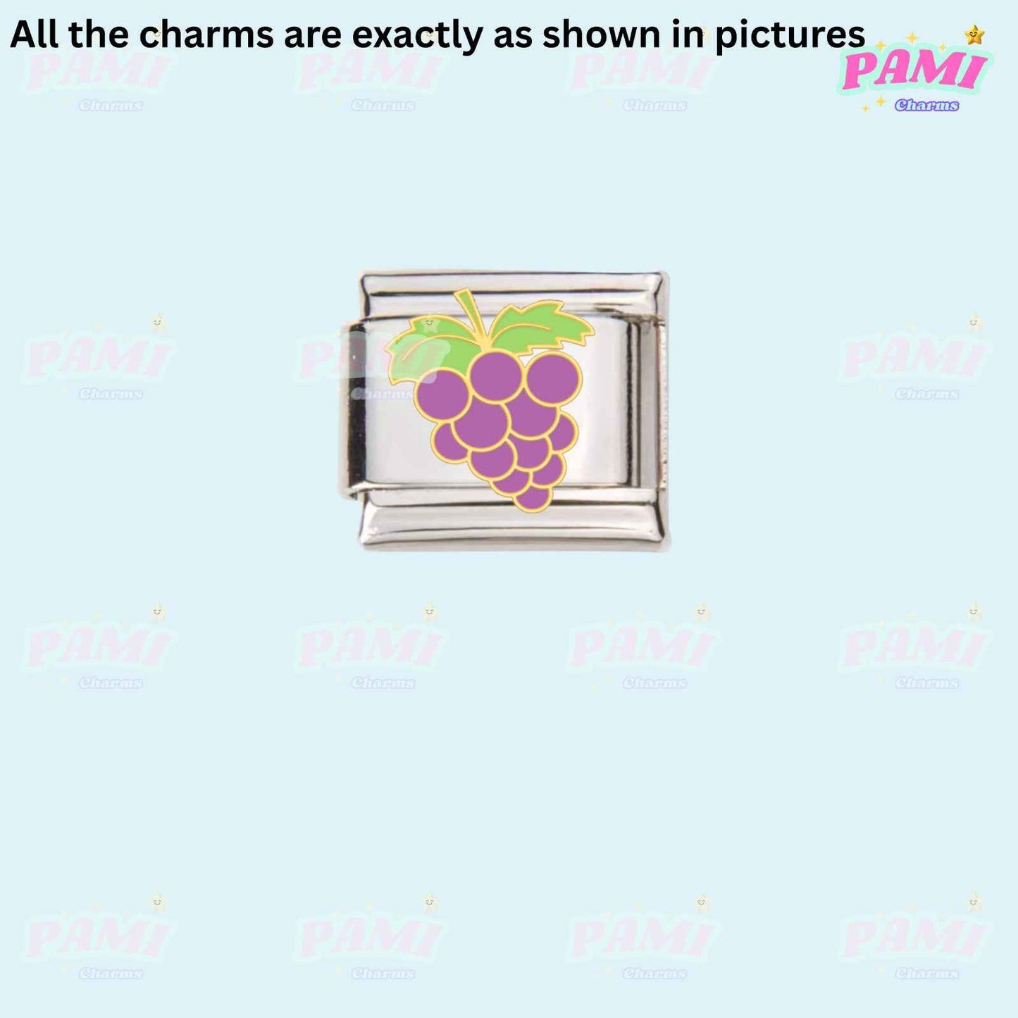 Silver Italian charms with purple grape cluster and green leaves charm by Pami Charms