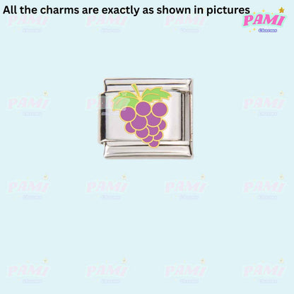 Silver Italian charms with purple grape cluster and green leaves charm by Pami Charms