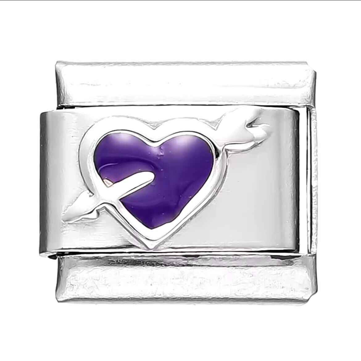 Pami Charms Italian charms featuring a silver link with a purple heart and arrow design