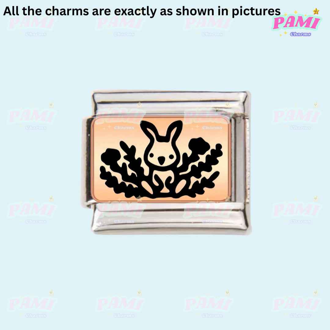 Pami Charms Italian charms featuring a silver and rose gold link with a black bunny design