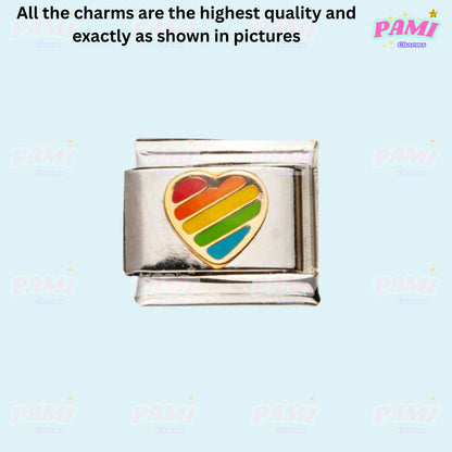 Pami Charms Italian charms silver link with colorful rainbow striped heart design