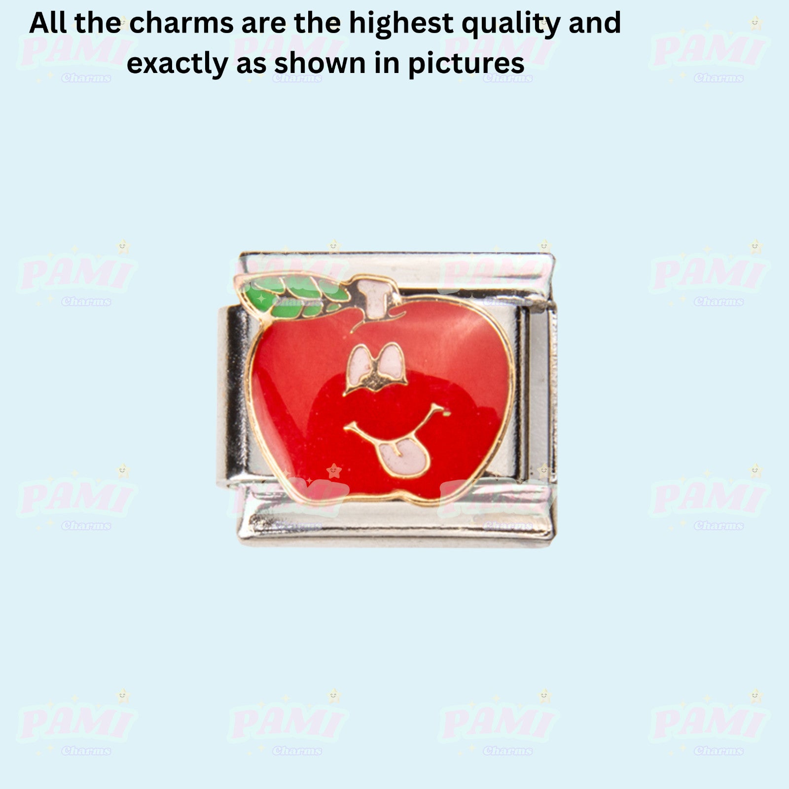 Pami Charms red apple italian charms with smiling face and green leaf on silver base