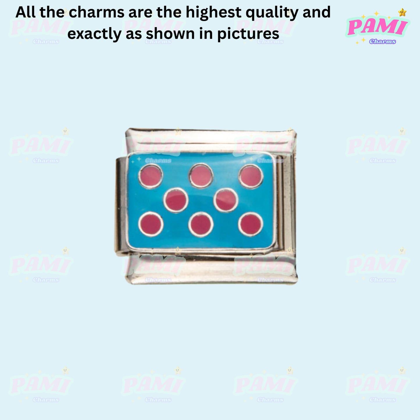 Pami Charms Italian charms featuring a silver rectangular piece with blue background and red dots