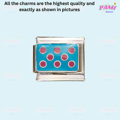 Pami Charms Italian charms featuring a silver frame with blue background and red dot design