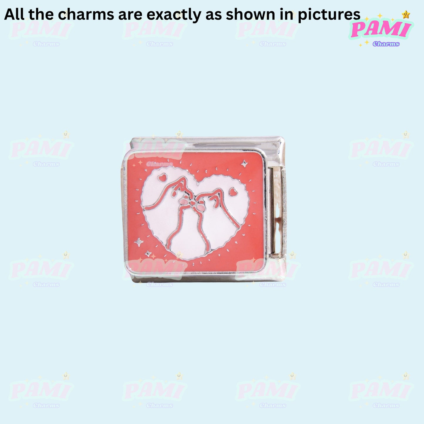 Pami Charms Italian charms featuring two cats touching noses inside a heart on a red background
