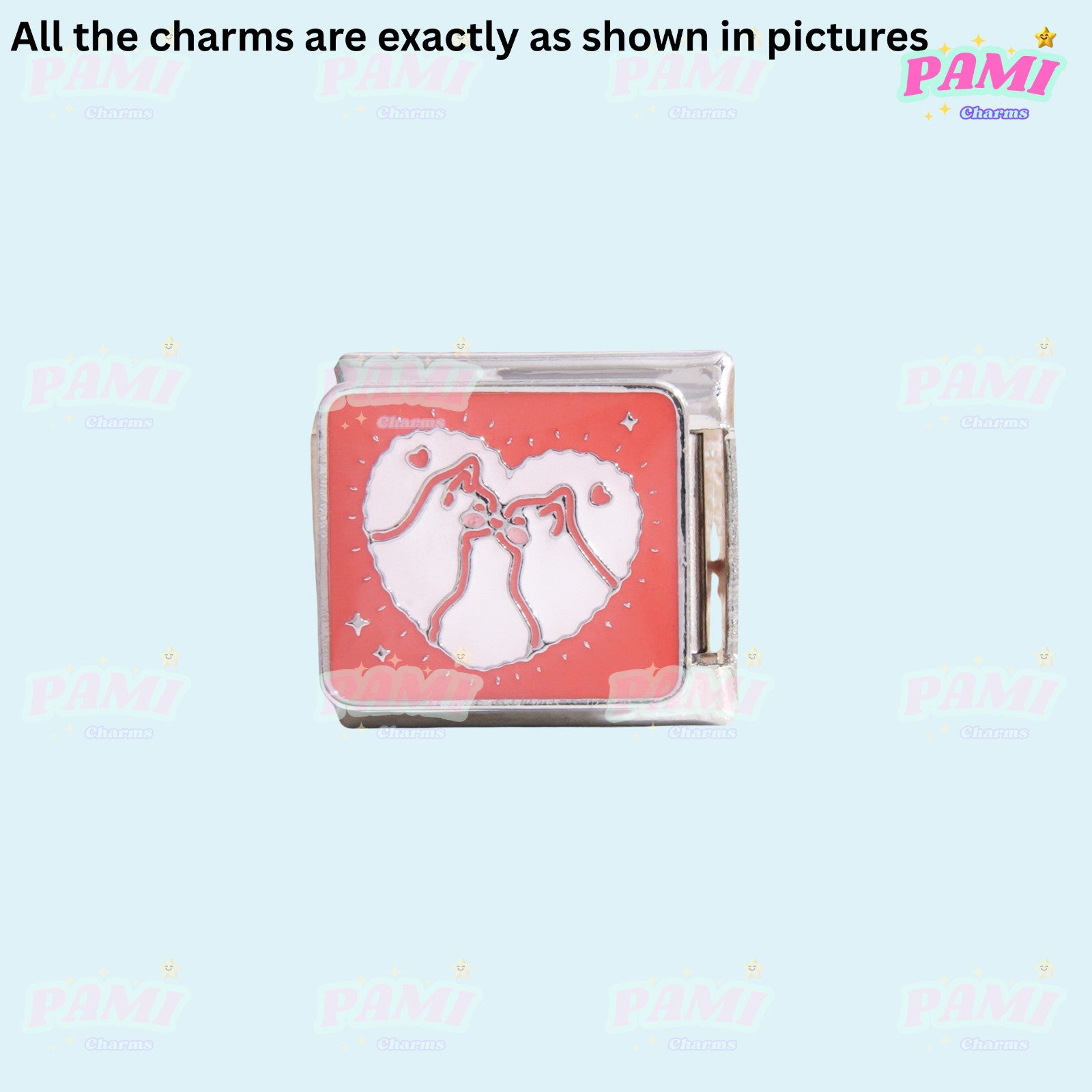 Pami Charms Italian charms featuring two cats touching noses inside a heart on a red background