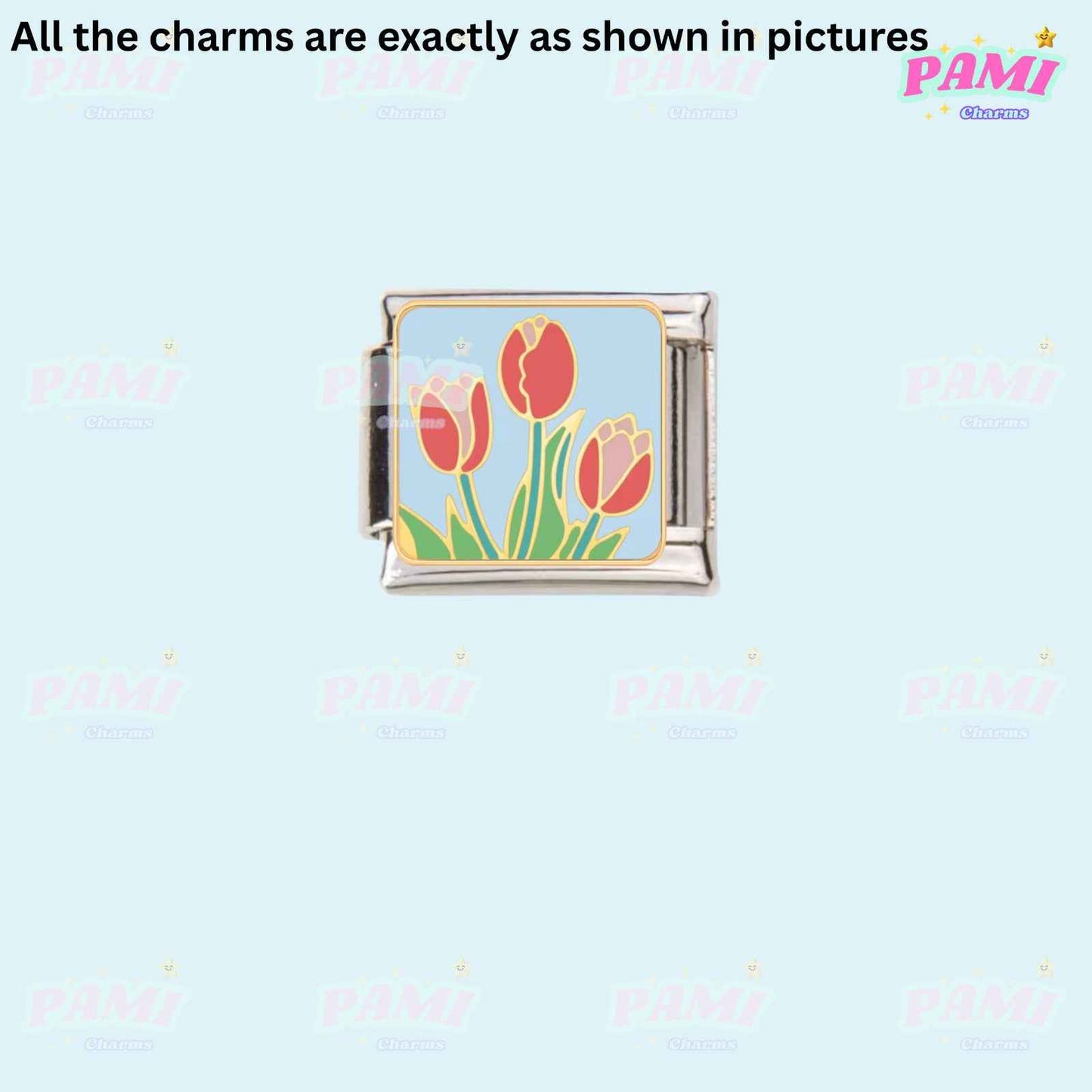 Pami Charms Italian charms featuring red tulips with green stems on a light blue background