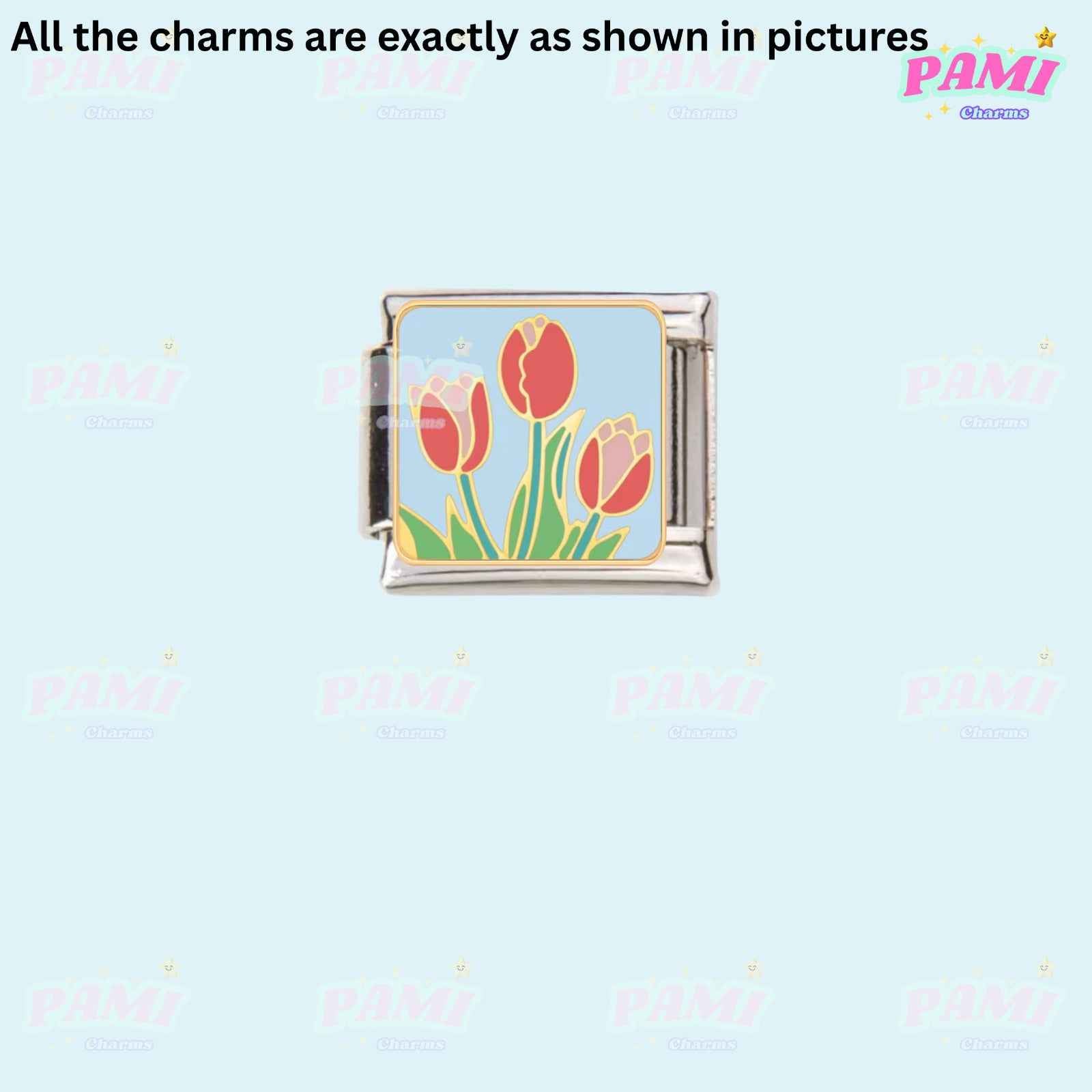 Pami Charms Italian charms featuring red tulips with green stems on a light blue background